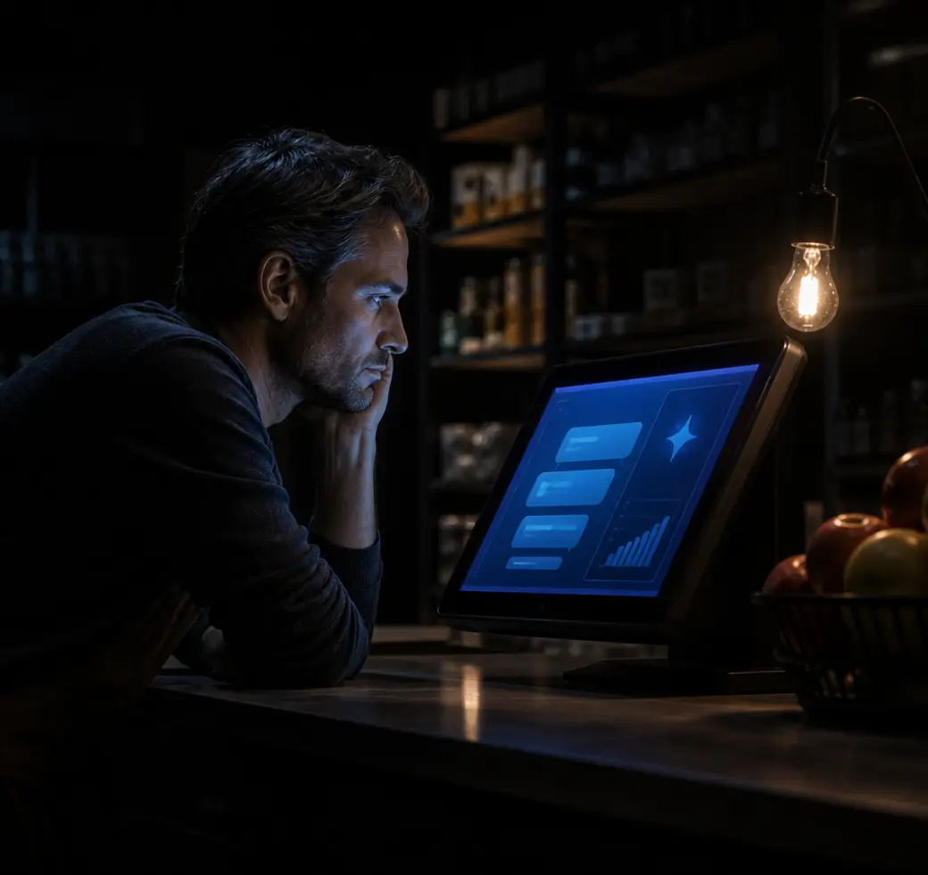 A shop owner asking the FIVOX AI store assistant a question after closing