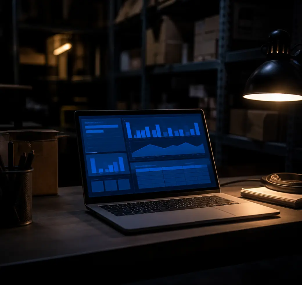 The FIVOX back office dashboard open on a laptop in a stockroom