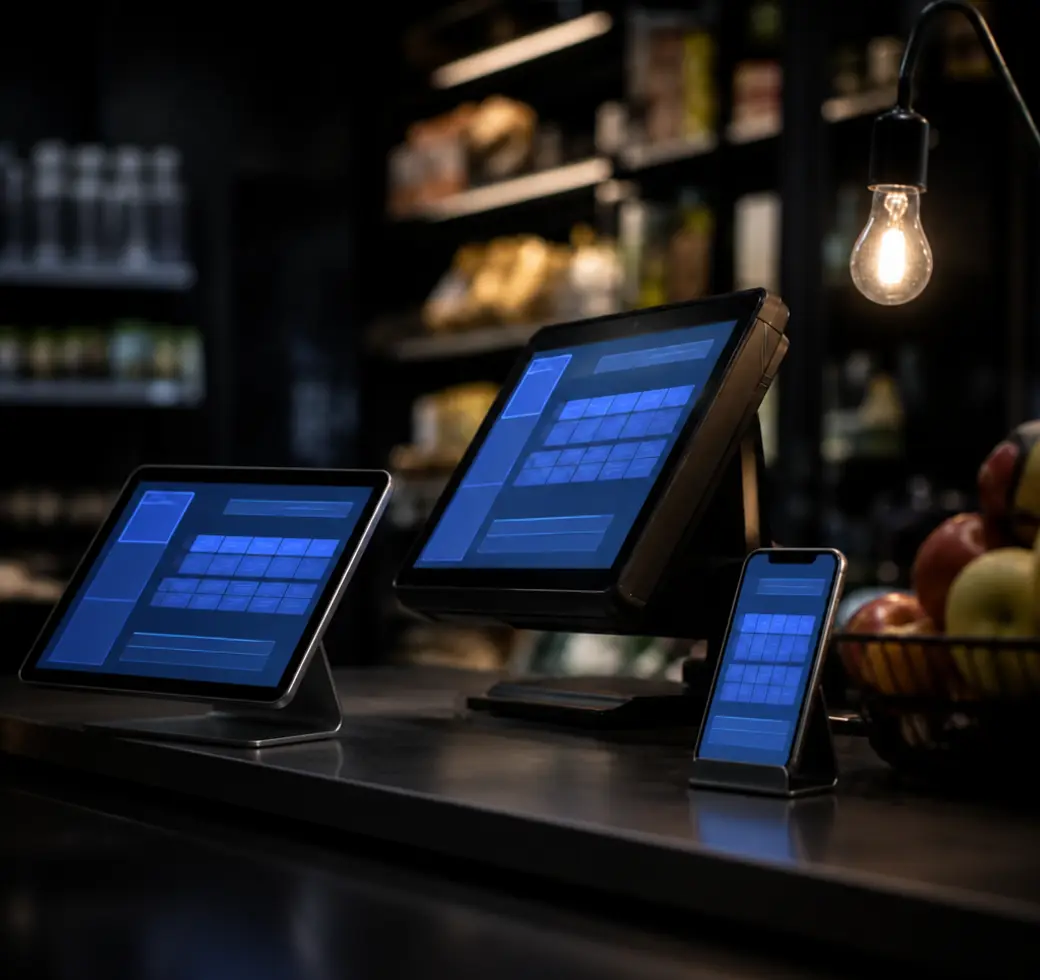 FIVOX running side by side on a counter till, a tablet and a phone