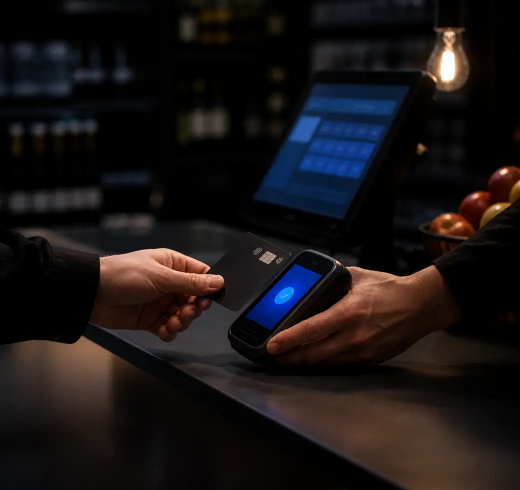 A customer tapping a contactless card on a payment terminal at a FIVOX counter