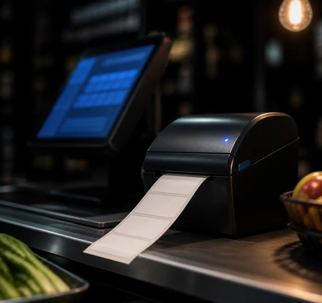 A label printer producing shelf-edge tickets beside a FIVOX till