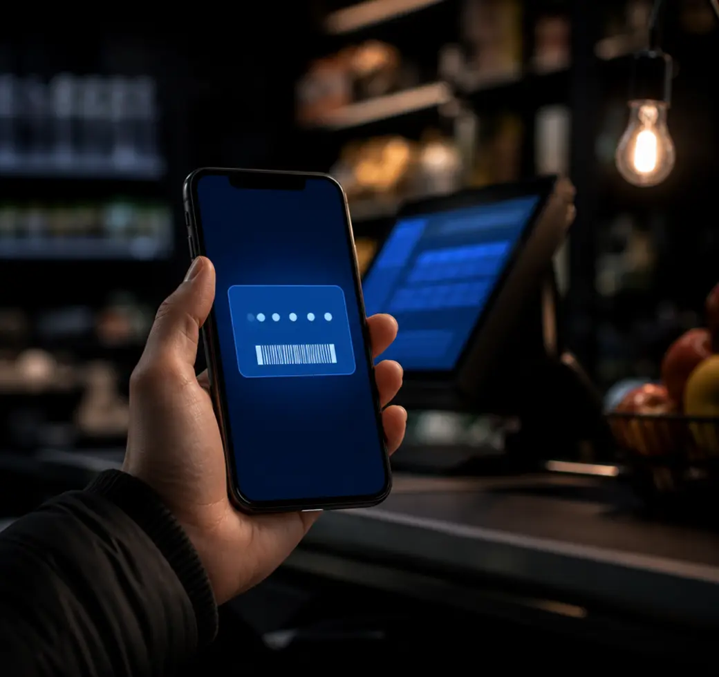 A digital FIVOX loyalty card on a customer’s phone at the counter