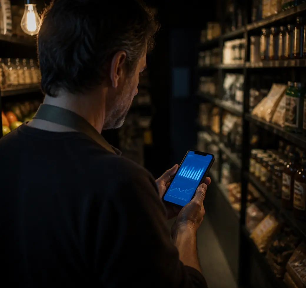 A shop owner checking live store figures on the FIVOX mobile app in an aisle