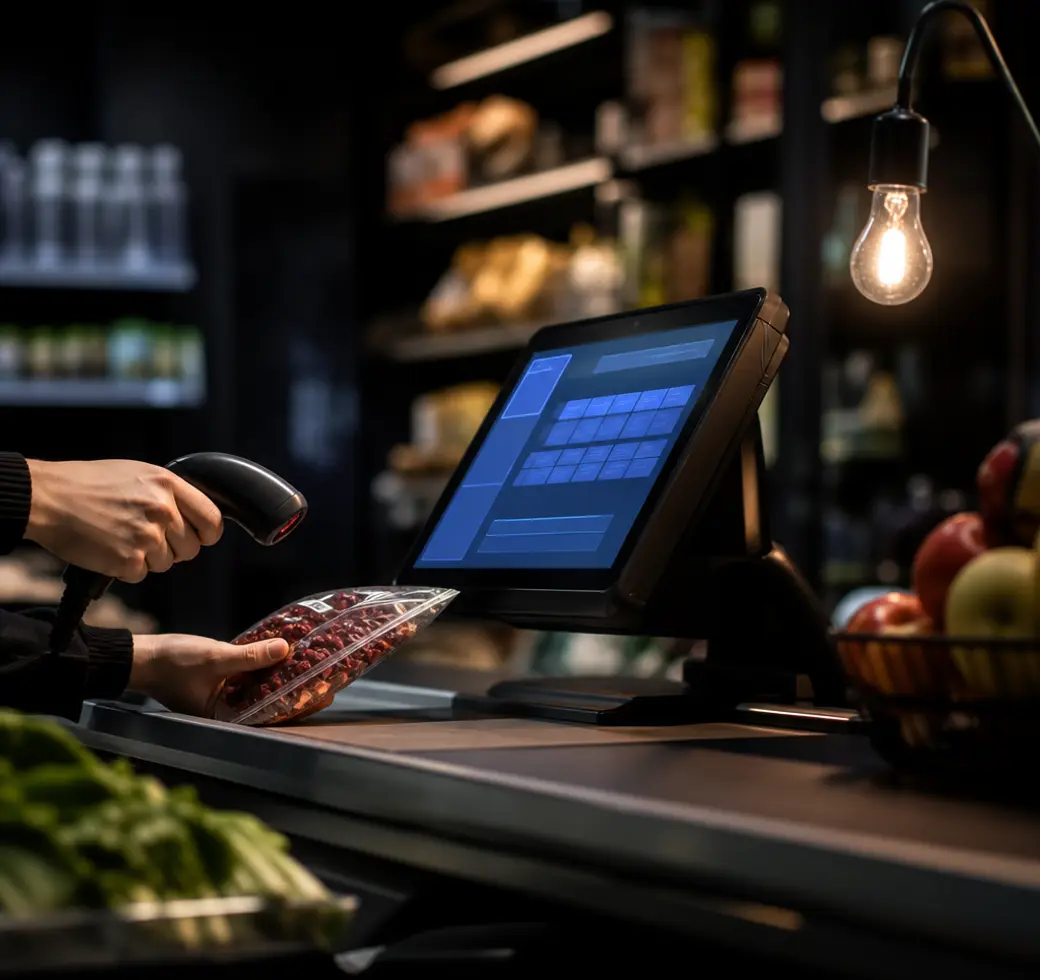 A cashier scanning a grocery item at a FIVOX till