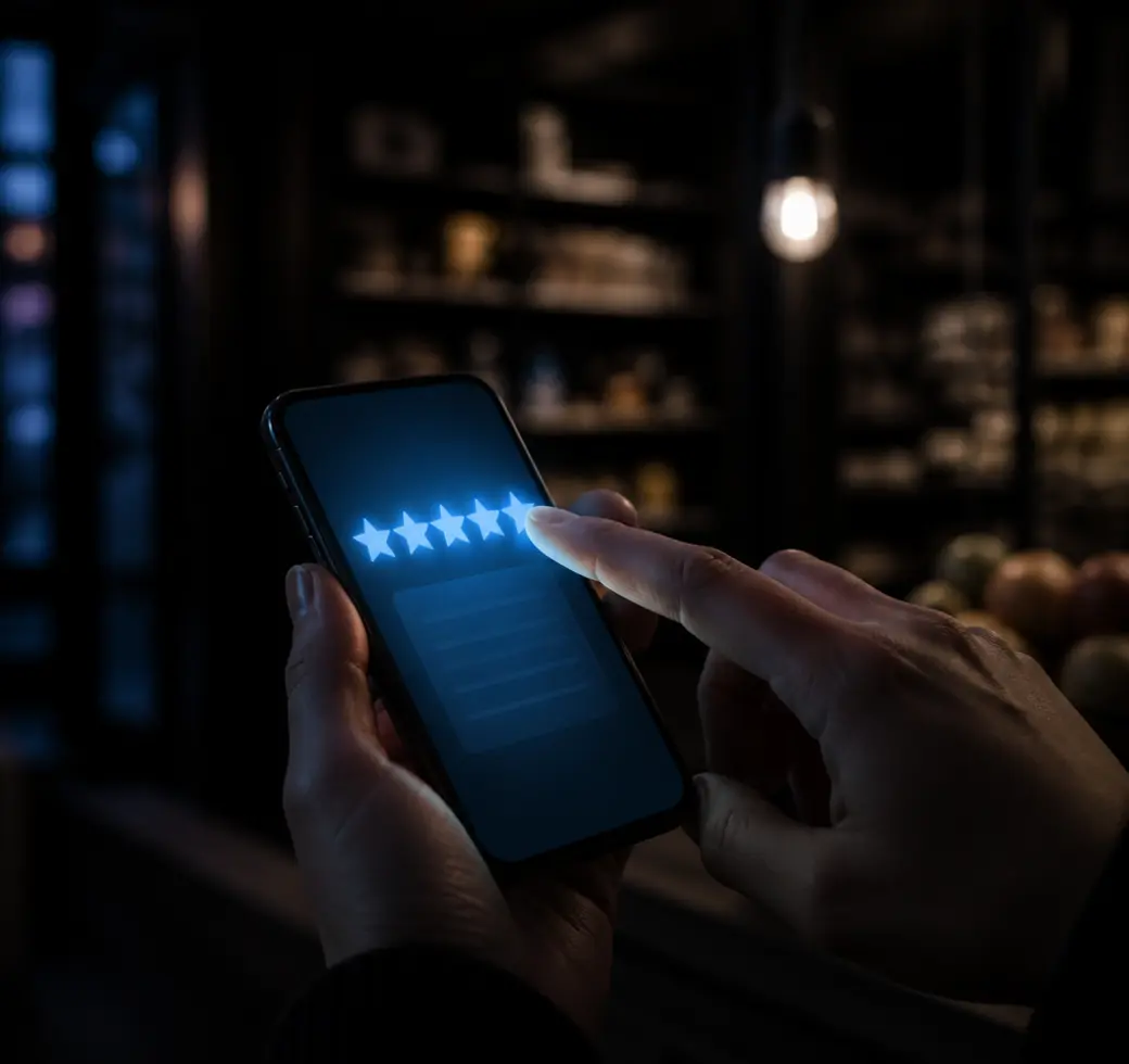 A customer tapping a star rating on a FIVOX feedback survey