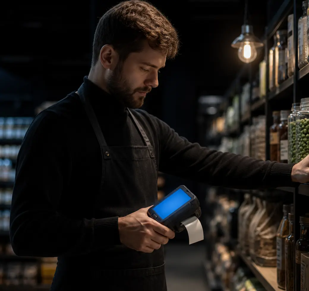 A staff member printing a label from a portable scanner in an aisle