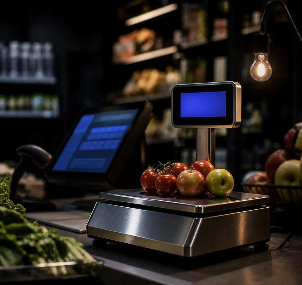 A weigh scale connected to a FIVOX till, pricing loose produce